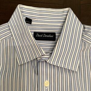 David Donahue Mens Large 16 32/33 Blue Stripe Dress Shirt Long Sleeve Button Up